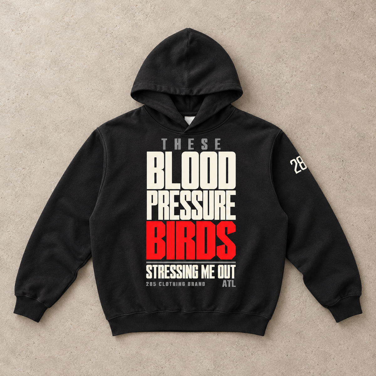 New 285 pouchless hoodie design preview with Blood Pressure Birds statement and left sleeve logo