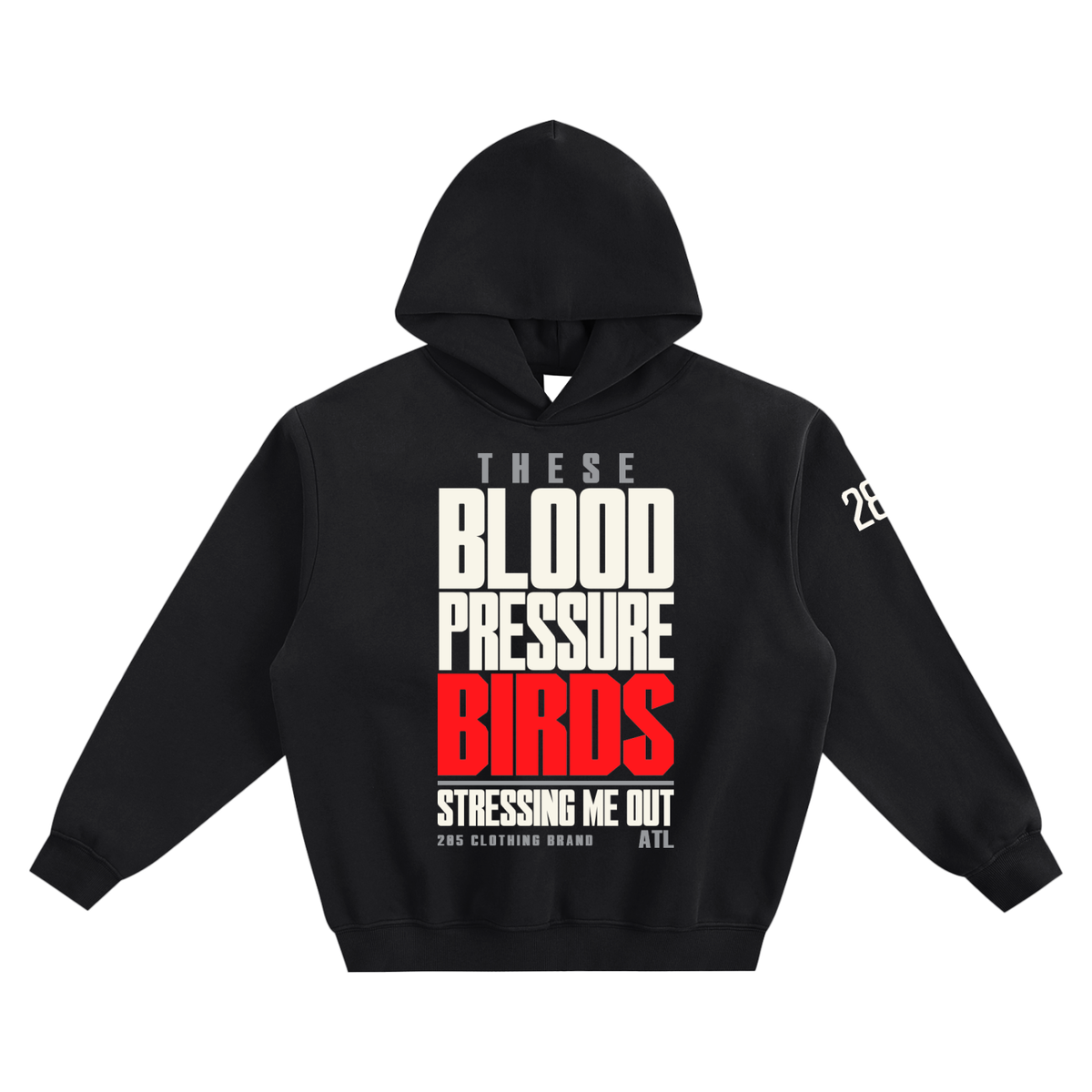 Black Blood Pressure Birds boxy hoodie with tall cream and red statement graphic on the front and 285 mark on the left sleeve.