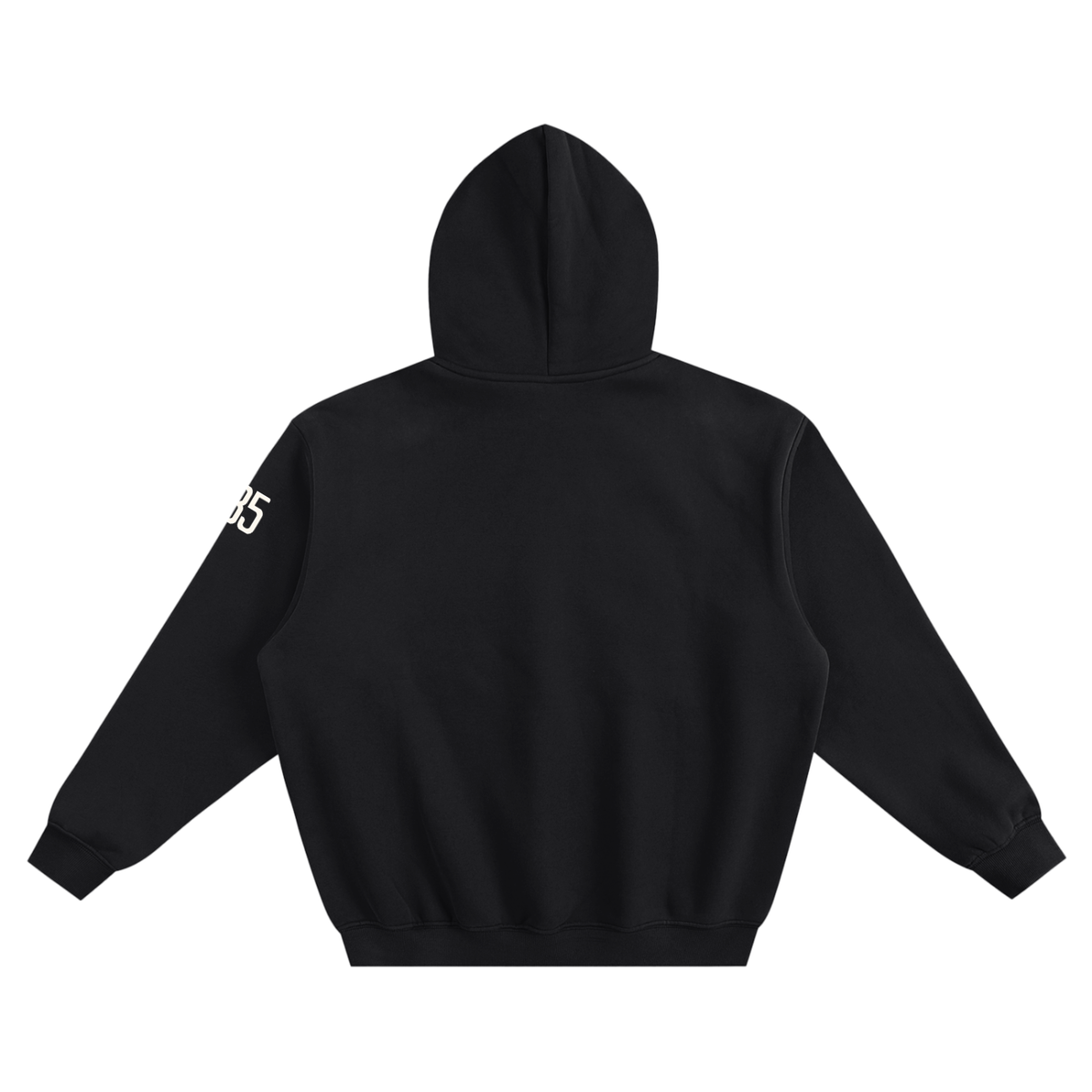 Back view of the black Blood Pressure Birds boxy hoodie with a plain back and cream 285 mark on the left sleeve.