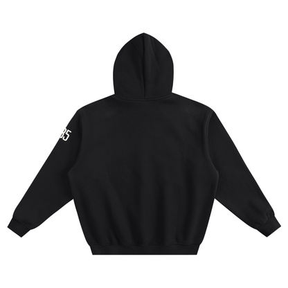 Back view of the black Statement hoodie with approved upper left sleeve 285 mark.